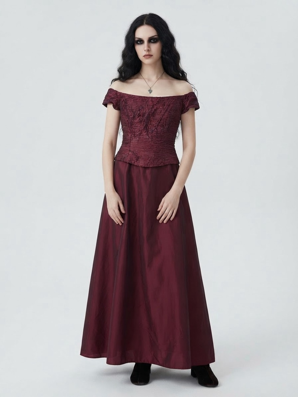 Y2K Whimsigoth Burgundy Taffeta Ball Gown Prom Dress Corset Off Shoulder Witchy